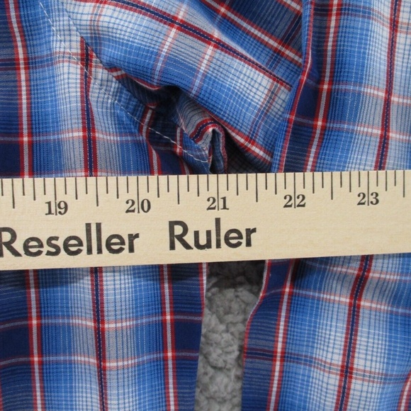 Wrangler Shirt Adult 2XL XXL Pearl Snap Blue Red Tartan Plaid Mens Button Down - Picture 9 of 13